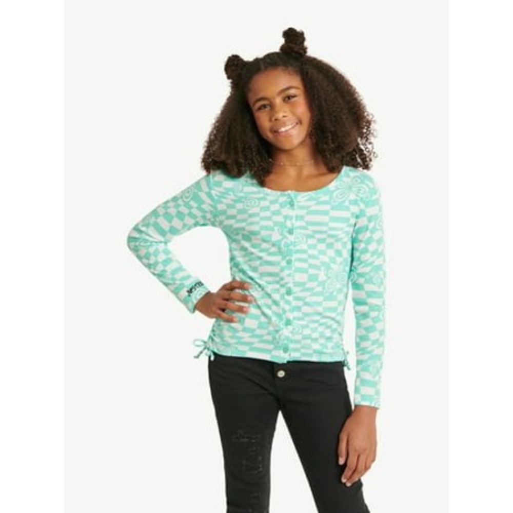 Justice Button-Front Side Cinch Top Girls XL 16/18 Teal White Checkered